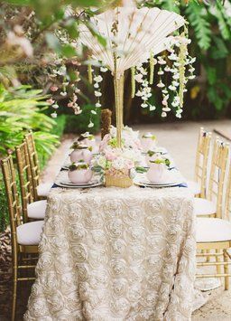 this fan centerpiece Garden Party Table Setting, French Garden Party, Wedding Table Cloths, Garden Party Table, Rosette Tablecloth, French Inspired Wedding, Outdoor Bridal Showers, Garden Bridal Showers, Wedding Venue Los Angeles