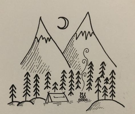 Travel drawing by Imo Lee Tree, tent, fire, bonfire, flames, fire pit, smoke, moon, stars, night, forest, mountain, mountains, snow, woods, hills, landscape, simple, cute, aesthetic, black and white, pen, drawing, art, minimalist, travel, travel drawing Mountain Drawing Simple, Snow Woods, Tent Drawing, Sailboat Drawing, White Board Drawings, Landscape Simple, Hills Landscape, Whiteboard Art, Tree Tent