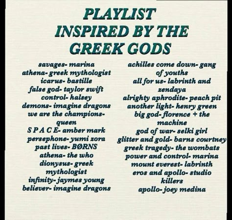 Book Playlist Names, Gotye Aesthetic, Dark Academia Playlist Names, Greek Mythology Playlist, Pjo Playlist, Music Suggestions, Song Recs, Music Recs, Playlist Names Ideas