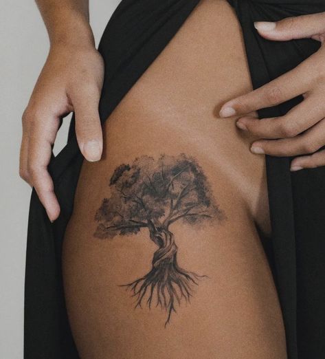 Tree Tattoo On Shoulder For Women, Tree On Leg Tattoo, Rooted Tree Tattoo, Olive Tree Tattoo Men, Tree Tattoo Designs Men, Tree With Roots Tattoo, 2024 Checklist, Maple Tree Tattoo, Tree Thigh Tattoo