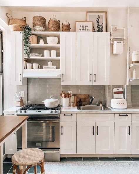 Our Rental-Friendly Kitchen Makeover Under $500 - Pretty in the Pines, New York City Lifestyle Blog Above Cabinet Decor, Faux Marble Countertop, Top Of Kitchen Cabinets, Decorating Above Kitchen Cabinets, Above Kitchen Cabinets, Above Cabinets, Rental Kitchen, Kitchen Cabinets Decor, Up House