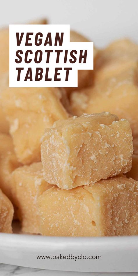 cubes of vegan Scottish tablet Vegan Scottish Tablet, Scottish Tablet Recipe Easy, Vegan Scottish Recipes, Vegan Candy Recipes, Vegan British Recipes, Vegan Toffee Recipe, Scottish Tablet Recipe, Quick Vegan Dessert, Scottish Fudge