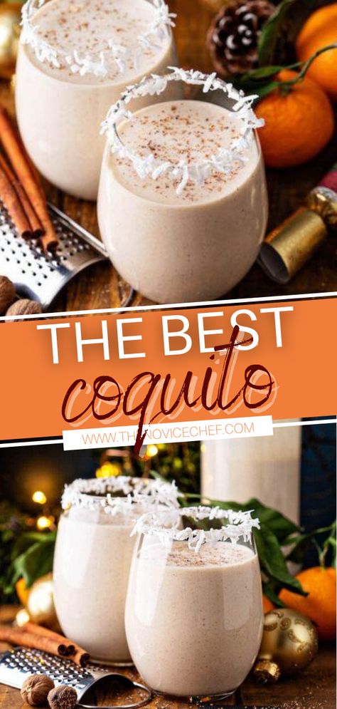 Extra thick and creamy coconut eggnog recipe loaded with coconut, rum, and cinnamon! This easy coquito recipe is a Puerto Rican version of eggnog. It is the perfect addition to your Christmas food list! Make this easy Christmas menu for a crowd! Coconut Milk Eggnog Recipe, Puerto Rican Rum Drinks, Coquito Recipe Non Alcoholic, Puerto Rican Coquito Recipe Bacardi, Puerto Rican Egg Nog, Banana Coquito Recipe, Coquito Recipe Puerto Rican Authentic No Egg, Puerto Rican Christmas Drink, Coquito Recipe With Eggs