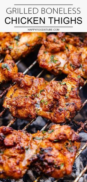 These grilled boneless chicken thighs are juicy, tender and full of flavor. Their easy prep makes them perfect for outdoor entertaining. Serve them with anything you like! #happyfoodstube #grilled #chicken #barbecue #bbq #grilling Grilled Boneless Chicken Thighs, Chicken Thights Recipes, Baking Spices, Chicken Receipes, Chicken Thighs Recipe, Grilled Food, Thighs Recipe, Grilled Chicken Thighs, Boneless Chicken Thigh Recipes