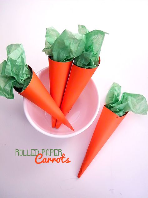 Rolled Paper Carrots Easter Craft, Treat Containers Carrots Craft, Easter Handprint Crafts, Paper Carrots, Carrot Craft, Cone Paper, Vegetable Crafts, Treat Containers, Green Tissue Paper, Easter Preschool