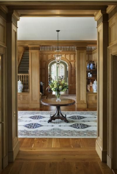 House In Maine, White Moroccan Tile, Small Sitting Rooms, Traditional Eclectic, Living Room Mantel, Mahogany Table, Double Height, Bay House, Hall Design