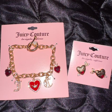 Brand New Juicy Couture Red Charm Bracelet And Heart Earrings Set Juicy Charm Bracelet, Couture Earrings, Juicy Couture Earrings, Juicy Couture Charms Bracelet, 2000s Girl, Juicy Couture Necklace, Fav Products, Juicy Couture Bracelet, Red Charm