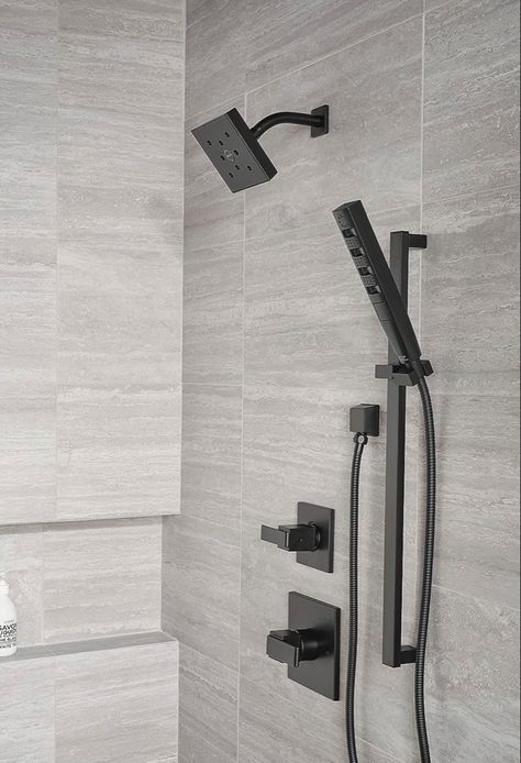 Delta Faucet Ara 3-Setting Matte Black Shower System Including Black Shower Head, Slide Bar Handh... Delta Shower System With Handheld, Moen Shower Fixtures, Matte Black Shower Fixtures, Black Shower Fixtures, Black Shower System, Shower System With Handheld, Black Shower Faucet, Master Bath Shower, Full Bathroom Remodel