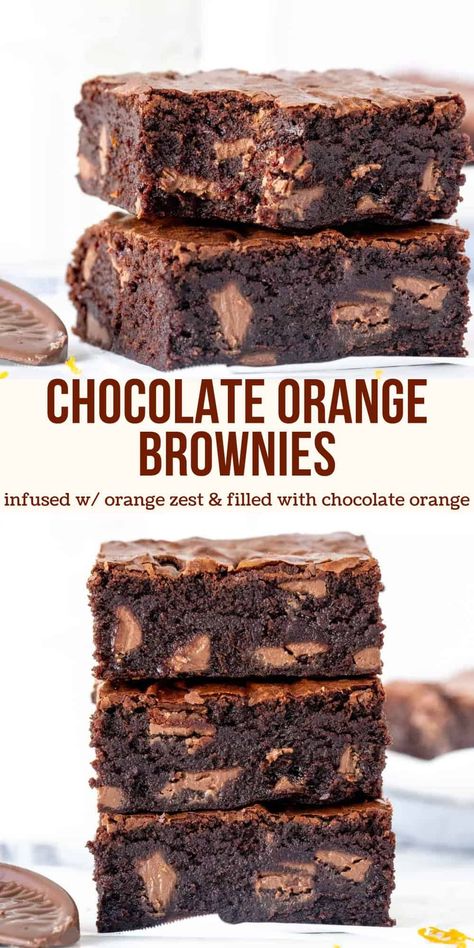 These chocolate orange brownies are thick and chewy with a delicious hint of citrus to complement the rich chocolate flavor. They're filled with chunks of Terry's chocolate orange - or your favorite orange chocolate - to really take them to the next level. #chocolateorange #brownies #orangechocolate #terryschocolateorange #fudgebrownies from Just So Tasty Chocolate Orange Brownies, Chocolate Orange Cookies, Orange Brownies, Brownie Desserts Recipes, Orange Dessert, Dark Chocolate Orange, Terry's Chocolate Orange, Dark Chocolate Brownies, Orange Chocolate