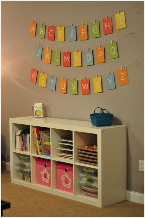 3. Display Alphabet Flash Cards in Fun Colors So That Your Child Can Learn too While Playing Aktiviti Prasekolah, Alphabet Banner, Ikea Expedit, Basement Playroom, Boys Playroom, Home Daycare, Abc Alphabet, Toy Rooms, Big Boy Room