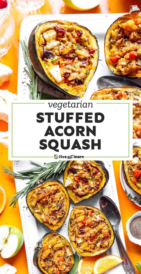 Need a vegetarian Thanksgiving main course? Fill up on unique and memorable Stuffed Acorn Squash made with wild rice, dried cranberries, granny smith apples, and loads of veggies! #vegetarian #thanksgiving #acornsquash #fall Squash Recipes Spaghetti, Stuffed Squash Recipes, Squash Recipes Vegan, Acorn Squash Recipes Healthy, Spaghetti Squash Stuffed, Stuffed Acorn Squash Vegetarian, Recipes Spaghetti Squash, Thanksgiving Main Course, Spaghetti Squash Recipes Vegan