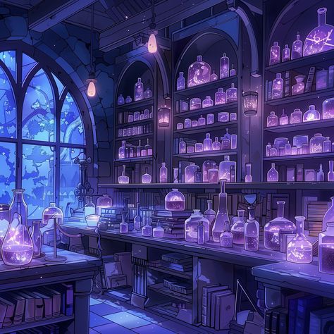 Alchemy laboratory in the interior of a gothic library .. Alchemy Lab Concept Art, Wizard Library Concept Art, Alchemy Laboratory Fantasy Art, Witch Lair Concept Art, Laboratory Background Design, Library Graphic Design, Wizard Laboratory, Witch Laboratory, Gothic Library Aesthetic