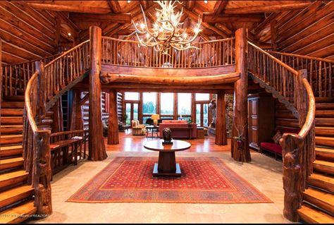 I've always loved a double stair case entry! Never seen it done in a log home! <3 Log Cabin Mansions, Cabin Mansion, Double Staircase, Disney Home Decor, Chateau France, Log Cabin Homes, Mountain Homes, Cabin In The Woods, Spiral Staircase