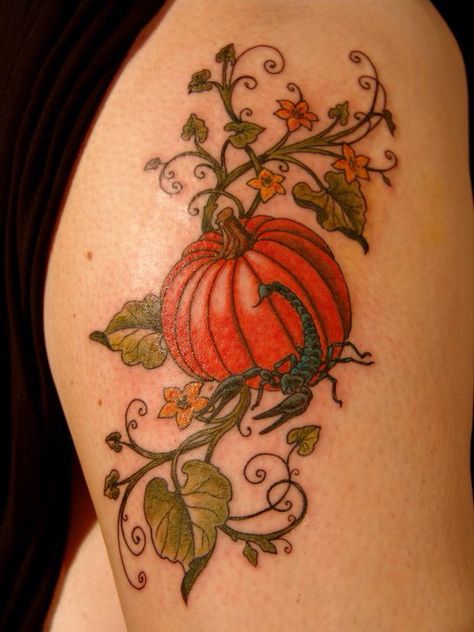 Cinderella's Pumpkin tattoo for my hip, replace the scorpion on here with a glass slipper Cute Halloween Drawings, Vine Tattoo, Pumpkin Tattoo, Pumpkin Vine, Autumn Tattoo, Muster Tattoos, Scorpion Tattoo, Vine Tattoos, Inspiration Tattoo