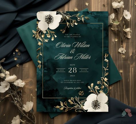 This wedding invitation embodies elegance and sophistication with its luxurious emerald green background and delicate gold floral accents. The elegant white flowers against the dark teal create a timeless and enchanting design, perfect for any couple looking to add a touch of class to their special day. DEMO LINK: https://www.canva.com/design/DAGI_egobJU/CTw501NETQAMOG6gD7C6XA/view?utm_content=DAGI_egobJU&utm_campaign=designshare&utm_medium=link&utm_source=publishsharelink&mode=preview ✨ Key Fea Emerald Green Wedding Fall, Dark Green And Teal Wedding, Emerald And Gold Winter Wedding, Dark Emerald Green Wedding Color Schemes, Dark Green Theme Wedding, Teal And Gold Wedding Invitations, Wedding Green Gold White, Green Velvet Wedding Decor, Navy And Hunter Green Wedding