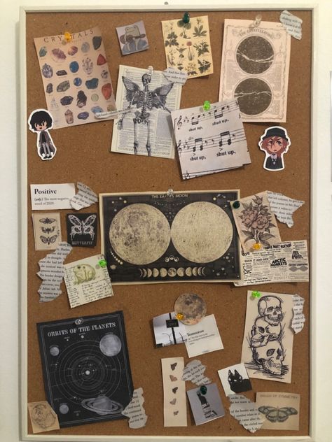 Cork Pin Board Aesthetic, Dark Academia Cork Board, Noteboard Ideas, Corkboard Ideas Decor Bedroom, Magazine Clippings Aesthetic, Dark Academia Bulletin Board, Aesthetic Bulletin Board Bedroom, Tack Board Ideas, Cute Cork Board Ideas Bedrooms