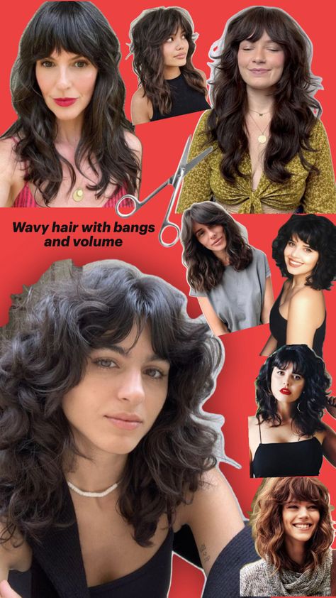 Inspiration for wavy hair with volume and bangs Waves Hair With Bangs, Wavy Haircut Bangs, Wavy Layered Bob With Bangs, Wavy Hair With Volume, Layered Wavy Hair With Bangs, Hair With Volume, Wavy Layered Hair, Layered Bob With Bangs, Bangs Wavy Hair