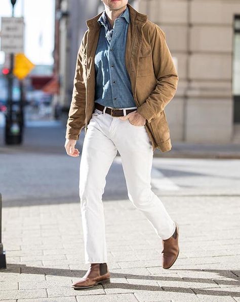 The Ultimate Guide To Boots – Pocket Stylist Spring Office Outfits, Denim Shirt Outfit, Chelsea Boots Men Outfit, Boots Men Outfit, Mens Fashion 2018, Mens Fashion Casual Spring, White Jeans Men, Mens Fashion Smart, Mens Spring Fashion