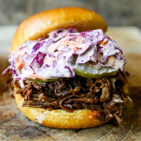 Shredded Beef Sandwiches, Crunchy Coleslaw, Slow Cooker Bbq Beef, Bbq Beef Sandwiches, Modern Honey, Bbq Sandwich, Pulled Beef, Beef Sandwiches, Brisket Sandwich