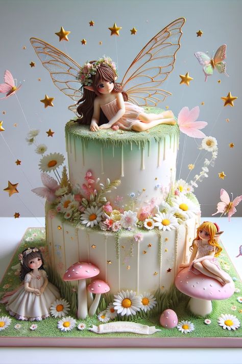 Unique Birthday Cake Ideas, Butterfly Theme Cake, Fairy Birthday Themes, Fairy Theme Birthday Party, Garden Birthday Cake, Unique Birthday Cake, Flori Fondant, Fairy Garden Cake, Fairy Birthday Cake