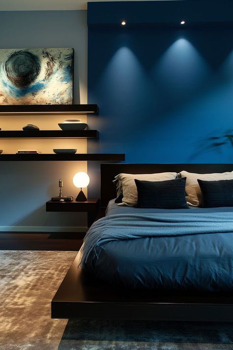 Black Blue Bedroom Ideas, Small Hotel Bedroom, Room Color Ideas For Men, Ideas Cuarto Hombre, Modern Bedroom Design For Women, Luxury Blue Bedroom, Blue And Black Bedroom, Blue Bedroom Ideas For Men, Luxury Bedroom Lighting