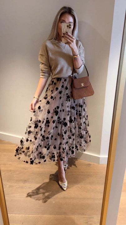 The prettiest Amazon skirt! Wearing an xs. #LTKstyletip #LTKunder50 #LTKHoliday Winter Floral Skirt, Spring Midi Skirt Outfit, Skirt Styling Ideas, Fall Casual Beige Maxi Skirt, Tulle Midi Skirt Outfit, Beige Long Skirt For Winter, Romantic Outfits For Women, Long Floral Skirt Outfit, Spring Beige Floral Print Skirt