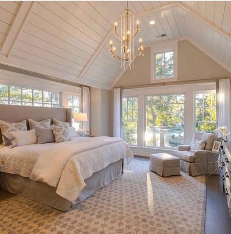 light and bright master bedroom, vaulted ceiling Bedroom Vaulted Ceiling, Vaulted Ceiling Bedroom, Vaulted Ceiling Living Room, Bedroom Addition, Home Addition, Bedroom Ceiling, Home Additions, Master Bedrooms Decor, Vaulted Ceiling