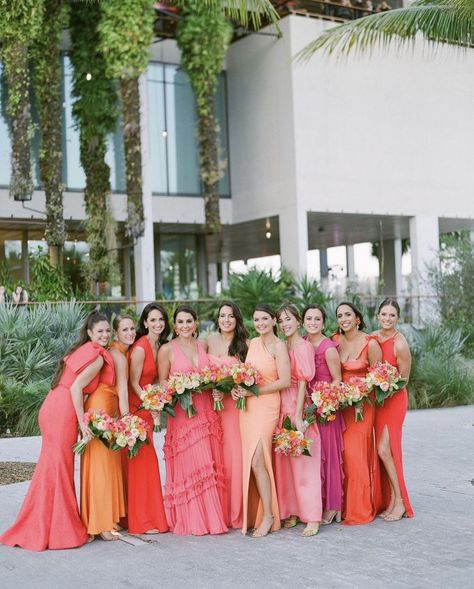 Sunset Themed Bridesmaid Dresses, Sunset Bridal Party, Sunset Dress Code, Sunset Bridesmaid Dresses Color Schemes, Vibrant Bridesmaid Dresses, Orange And Pink Bridesmaid Dresses, Kumquat Wedding, Pink And Orange Bridesmaid Dresses, Multicolored Bridesmaids Dresses