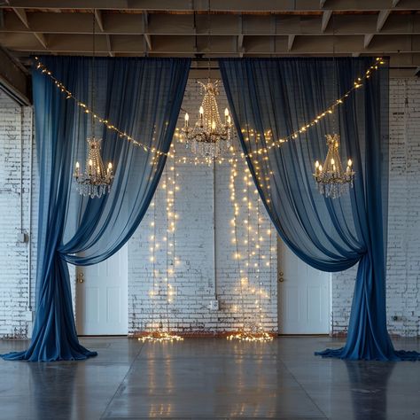 Navy Blue And White Event Decor, Navy Blue Table Centerpieces, Celestial Wedding Backdrop, Celestial Graduation Party, Starry Night Photo Backdrop, Navy Blue Event Decor, Whimsical Celestial Wedding, Dark Blue Decorations Party, Wedding Ideas Blue And Gold