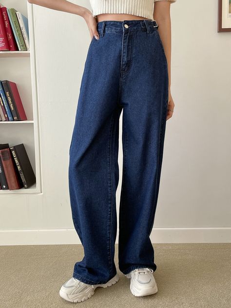 Dark Wash    Denim Plain Baggy  Non-Stretch  Women Denim Dark Blue Wide Leg Jeans Outfit, Dark Blue Baggy Jeans Outfit, Dark Blue Baggy Jeans, Baggie Jeans Outfit, Baggy Blue Jeans, Jp Fashion, Denim Jeans Outfit, Baggy Jeans Outfit, High Waist Wide Leg Jeans