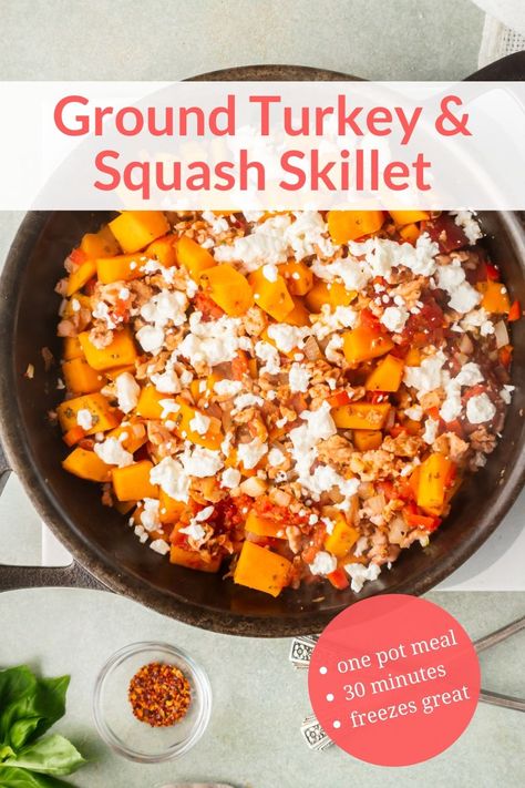 This delicious one pan meal is packed with lean ground turkey, butternut squash, tomatoes, and spices! It's easy to make, filling, and tastes incredible. #dinner #freezerfriendly #kidfriendly #makeahead #quickandeasy #groundturkey #butternutsquash #onepotmeal Ground Chicken And Butternut Squash, Butternut Squash With Ground Turkey, Butternut Squash Turkey Recipes, Ground Turkey Butternut Squash Skillet, Turkey Butternut Squash Skillet, Turkey And Butternut Squash Recipes, Butternut Squash Ground Turkey, Ground Turkey And Butternut Squash, Ground Turkey Butternut Squash