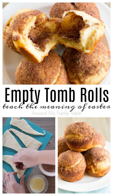 Easter Jesus Traditions, He Is Risen Rolls, Tomb Bread Resurrection Rolls, Tomb Easter Snack, Reserection Rolls Homemade, Crescent Roll Easter Tomb, Easter Cross Food Ideas, Tomb Crescent Rolls, Empty Tomb Biscuits