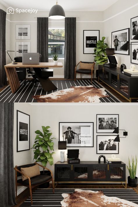 Bedroom Office Ideas Men, Mens Work Office Decor, Black Office Furniture Decor, Black Modern Office Design, Black And Wood Home Office, Black White And Brown Office, Men Office Decor At Work, Classy Man Cave Office, Small Manly Office