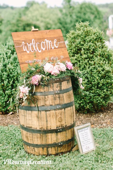 Whiskey Barrel Ideas Wedding, Whiskey Barrel Wedding Decor, Tipi Decor, Table Stationary, Barrel Wedding Decor, Wine Barrel Wedding, Barrel Flowers, Outdoor Spring Wedding, Whiskey Barrel Wedding