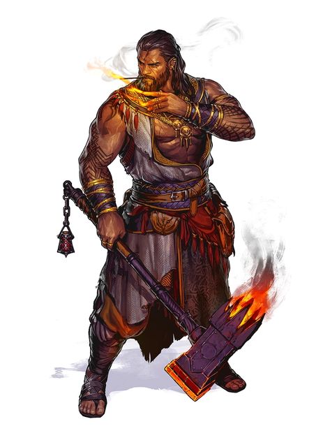 Male Human Bloodrager Barbarian with Fire Hammer and Cigar - Pathfinder PFRPG DND D&D 3.5 5E 5th ed d20 fantasy Character Design Cartoon, Illustration Fantasy, Pathfinder Character, Heroic Fantasy, Athena Goddess, Human Male, Dungeons And Dragons Characters, Dnd Art, Fantasy Male