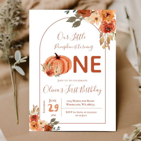 Boho Arch Terracotta Pumpkin Birthday Invitation Pumpkin Turning One, Turning One Birthday, Birthday Boho, Boho Arch, Pumpkin Birthday, Pumpkin Party, Happy Party, Pumpkin Lights, Orange Pumpkin