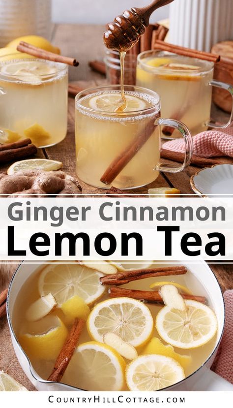 This homemade lemon ginger cinnamon tea is great to warm up on a cold day and an excellent recipe when you’re feeling under the weather. It’s easy to make with 5 ingredients and great for soothing a sore throat. The recipe is super easy to make. Just steep the cinnamon, ginger, and lemon peel, and then stir in the honey and lemon juice. Create variations with orange, turmeric, maple syrup, elder berries, thyme, rosemary, cloves and other spices or make a hot toddy. | CountryHillCottage.com Ginger Lemon Tea Recipe, Ginger Lemon Tea, Ginger Tea Recipe, Ginger And Lemon, Tea Drink Recipes, Cinnamon Tea, Ginger And Cinnamon, Feeling Under The Weather, Honey Tea