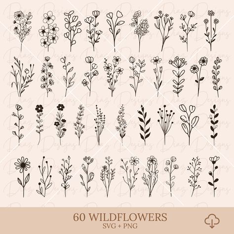 Flower Cricut, Wildflower Clipart, Small Henna Designs, Botanical Vector, Doodle Art Flowers, Flower Silhouette, Floral Png, Png Floral, Writing Art