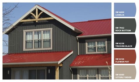 Paint colors from ColorSnap by Sherwin-Williams Red Roof House Colors, Metal Roof Houses Color Combos, House With Red Roof, Farmhouse Exterior Paint Colors, Red Roof House, Exterior Gray Paint, Metal Roof Houses, Roof Paint, House Paint Color Combination