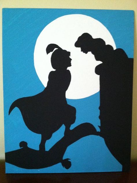 Aladdin and Jasmine Disney Silhouette on Canvas by PotterPillows ... Disney Canvas Art, Disney Silhouette, Disney Canvas, Disney Silhouettes, Disney Paintings, Images Disney, Posca Art, Aladdin And Jasmine, Disney Aladdin