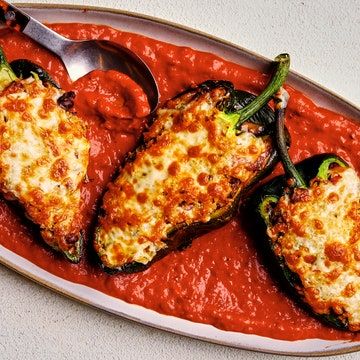 Stuffed Poblanos, Sauteed Kale, One Dish Dinners, Creamy Tomato Sauce, Adobo Sauce, Stuffed Poblano Peppers, Red Sauce, Peppers Recipes, Crushed Tomatoes