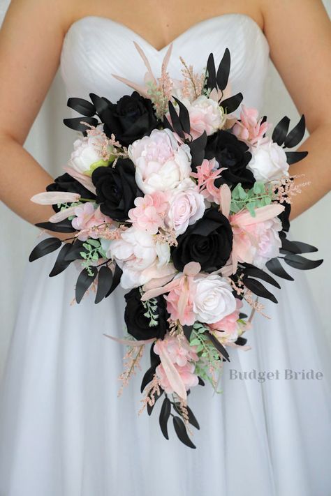 Light pink and black roses with babies breath wedding flower brides bouquet with roses and peonies and hydrangea and black foliage leaves Flower For Wedding Tables, Blush And Black Bouquet, Rose Pink And Black Wedding, Pastel Pink And Black Wedding Theme, Blush Pink And Black Wedding Bouquet, Blush And Black Wedding Cake, Black White Pink Wedding Bouquet, Pink Black And White Wedding Ideas, Black Pink And Green Wedding