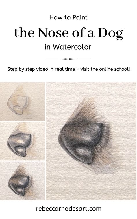 Dogs Nose Drawing, Watercolor Dog Eyes, Watercolor Dog Tutorial, Drawing Dogs Step By Step, How To Paint Dogs, Dog Nose Drawing, Watercolour Dogs, How To Draw Dogs, Realistic Nose