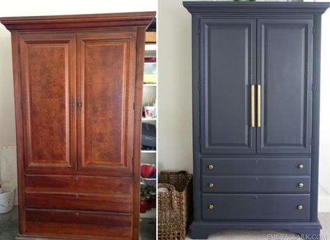 Armoire before and after through paint                                                                                                                                                                                 More Armoire Makeover, Hale Navy, Bedroom Furniture Makeover, Painted Bedroom Furniture, Wardrobe Makeover, Hemma Diy, Shabby Chic Dresser, Hus Inspiration, Furniture Renovation