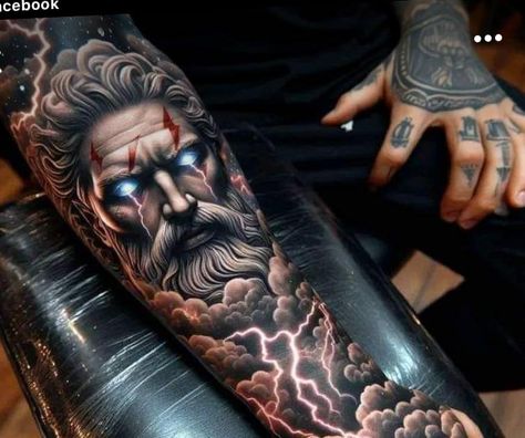 Arm Tattoos For Guys Forearm, Greek God Tattoo, Poseidon Tattoo, Zeus Tattoo, Full Sleeve Tattoo Design, Greek Mythology Tattoos, Men Tattoos Arm Sleeve, Cool Arm Tattoos, Muster Tattoos