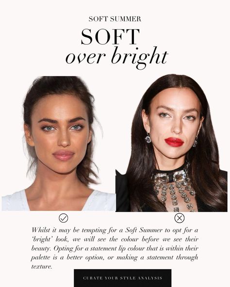 Our Soft Summer makeup guide as requested 🤍 . #coloranalysis #colouranalysis #softsummer #summerpalette #softsummermakeup #irinashayk Soft Summer White, True Summer Neutrals, Soft Summer Examples, Makeup For Soft Summer, Soft Summer Color Palette Makeup, Toasted Soft Summer, Soft Summer Makeup Looks, Soft Summer Color Palette Outfits, Soft Summer Celebrities