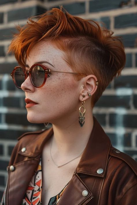 These 90s Pixie Cuts Are Absolute Fire - Pinch Of Glam Red Long Pixie Haircut, Two Tone Pixie Cut, Queer Pixie Cut, Shaved Side Pixie, Pixie Color Ideas, 80s Pixie Cut, 2024 Pixie Cut, Short Colorful Hair, Pixie Undercut Hair