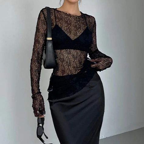 Commense Lace Top , Long Sleeve, Size M Black Dress With Lace Top, Tight Long Sleeve Shirt Lace, Lace V Neck Top, All Black Lace Outfit, Lace Mock Neck Top Outfit, Layered Lace Top Outfit, Black Lace Top Outfit Night, Outfits With Lace Tops, Black Lace Undershirt Outfit