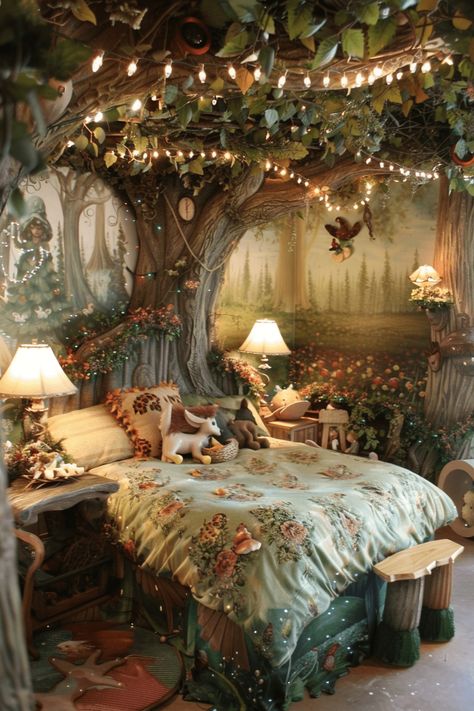 29 Boho Bedroom Ideas for Kids: Create a Magical Space with Style Magic Forest Bedroom, Forest Fairy Bedroom, Therian Den, Girls Fairy Bedroom, Enchanted Forest Room, Magic Bedroom, Cozy Boho Bedroom Ideas, Fairy Garden Bedroom, Enchanted Forest Bedroom