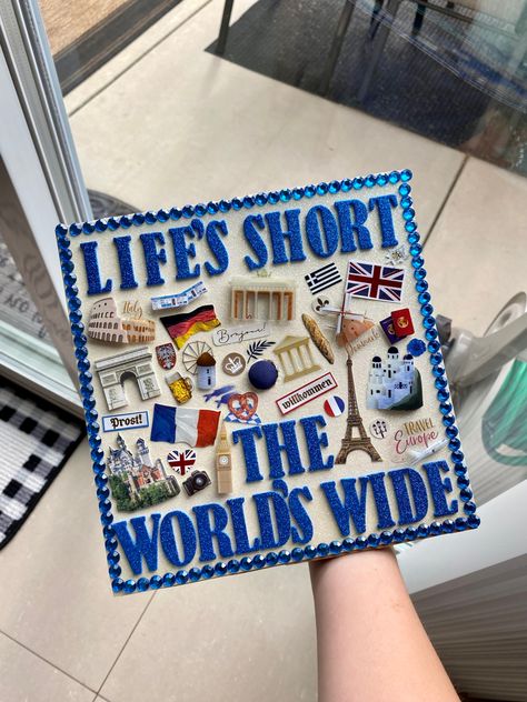 International Studies Grad Cap, French Graduation Cap, On To My Next Adventure Grad Cap, Graduation Cap Designs Travel, Travel Grad Cap, Vienna Graduation Cap, Grad Cap Ideas Mamma Mia, Graduation Cap Designs Exchange Student, Abba Graduation Cap